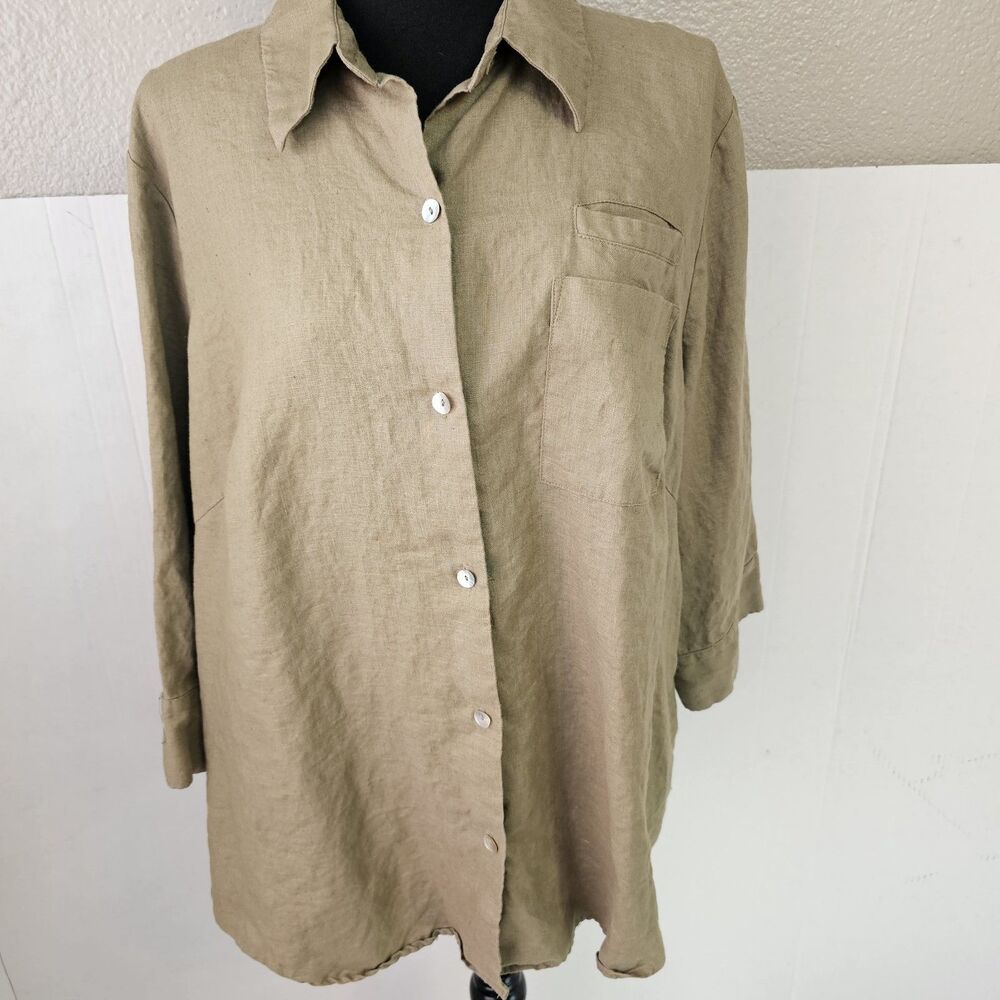Autograph Olive Green Linen Button Up Blouse Sx 2X Beachy Preppy Casual U0433